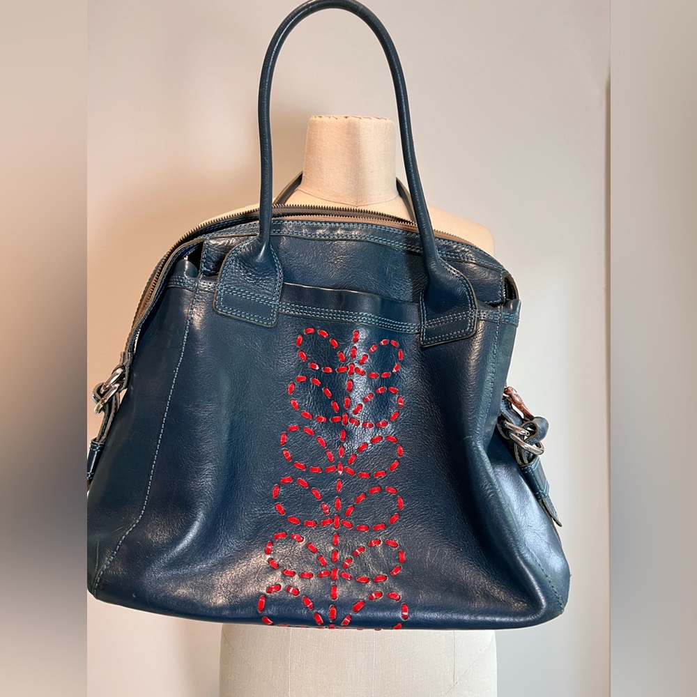 Orla Kiely large blue leather satchel purse tote red embroidery flower - Picture 9 of 14